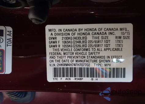 2015 Honda Cr-V Ex-L from USA, damaged, VIN 2HKRM4H74FH707702